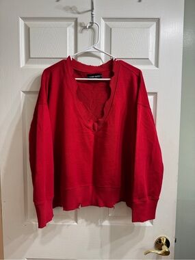Etienne Marcel Red Distressed V-Neck Crop Sweatshirt